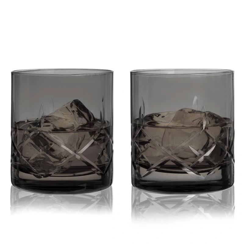 Admiral Hand-Etched Crystal Rocks Glasses // Smoke