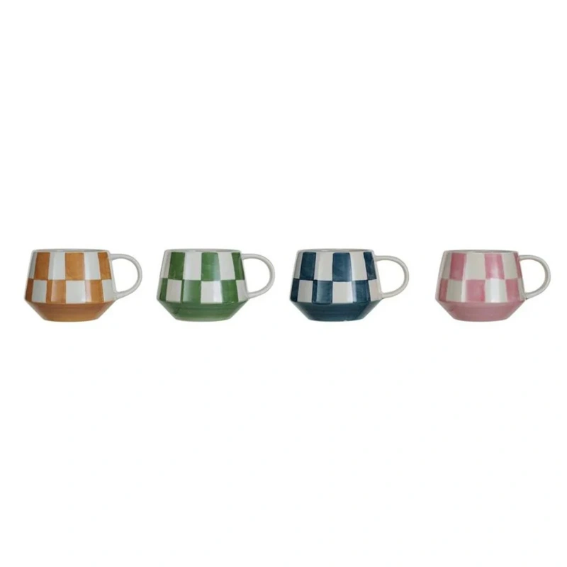 Checkered Hand-Painted Stoneware Mugs // Set of 4