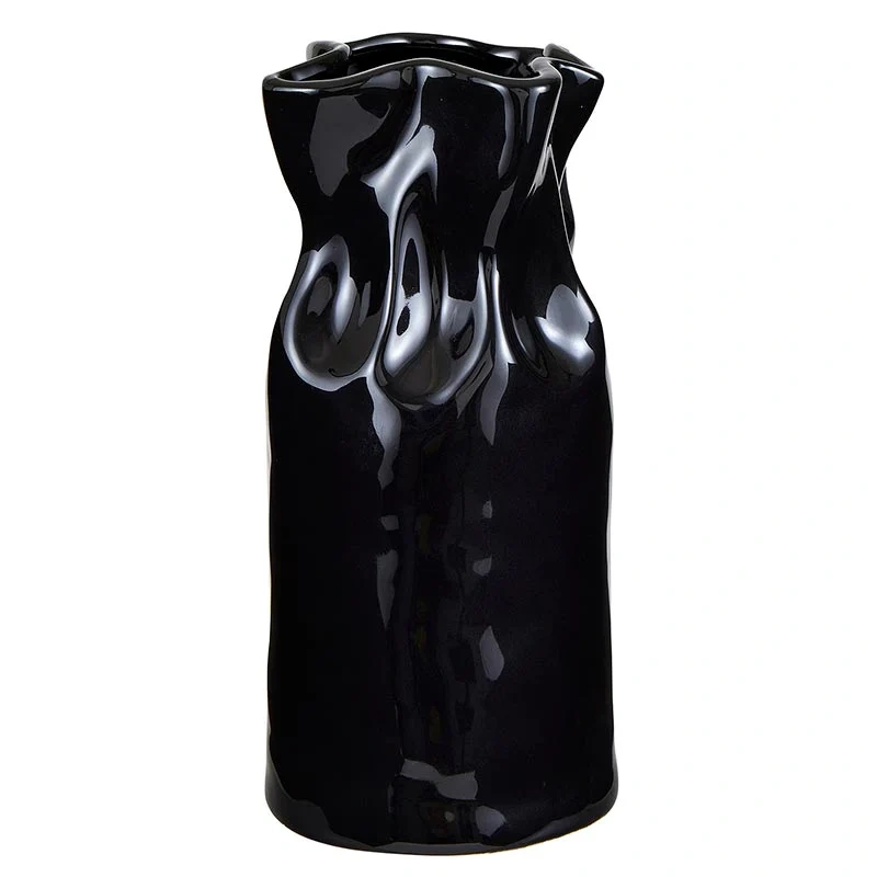 Cinched Glossy Black Ceramic Vase