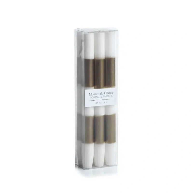 Gold & White Stripe Taper Candles // Set of 6