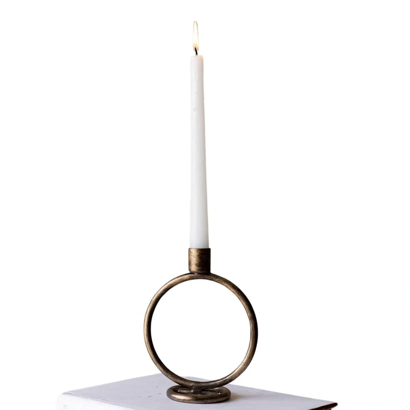 Round Sculpture Taper Candle Holder // Brass