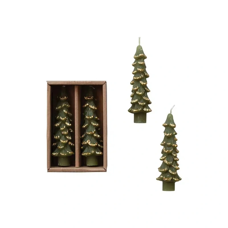 Winter Tree Short Taper Candles Set // Green & Gold