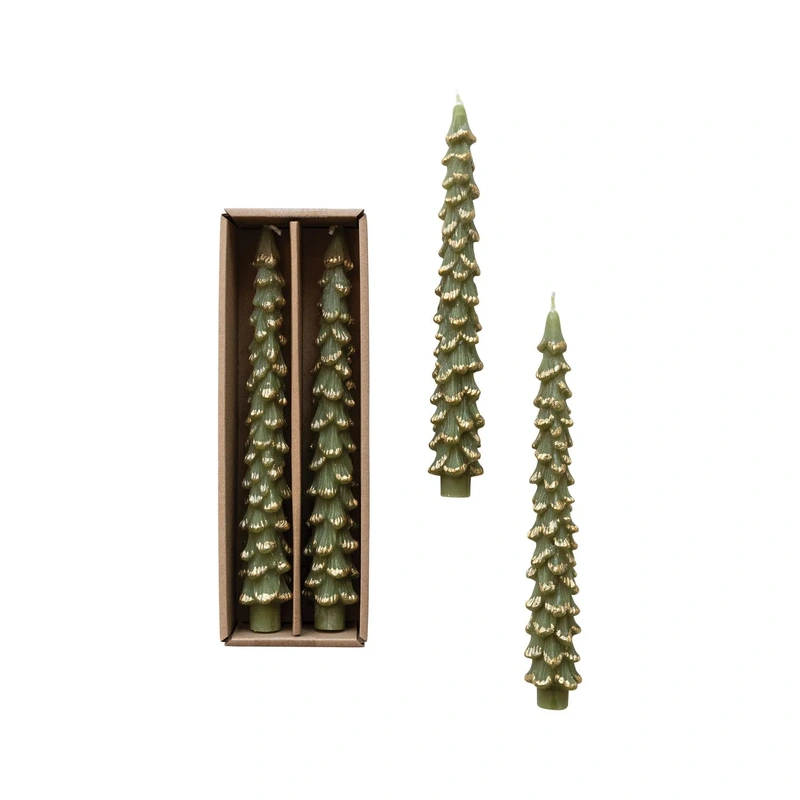 Winter Tree Taper Candles Set // Green & Gold